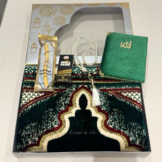 Soft Prayer Mat, Surah Book, Miswak, Attar & Tabseeh Gift Set Box (D2)