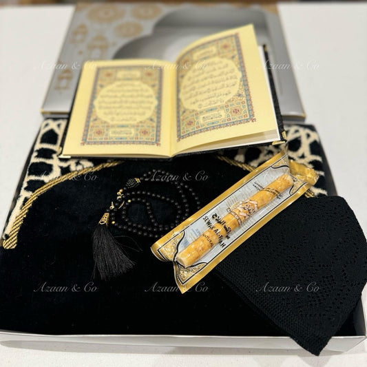 Soft Prayer Mat, Surah Book, Miswak, Prayer Hat & Tabseeh Gift Set