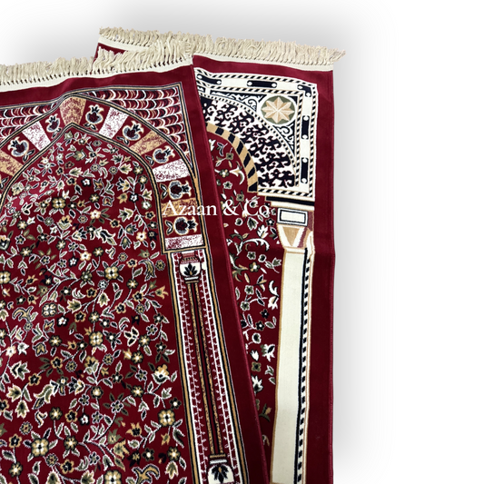 Rawdah Al Madina Prayer Mat – Red Floral & Cream Tassels (70x120cm)