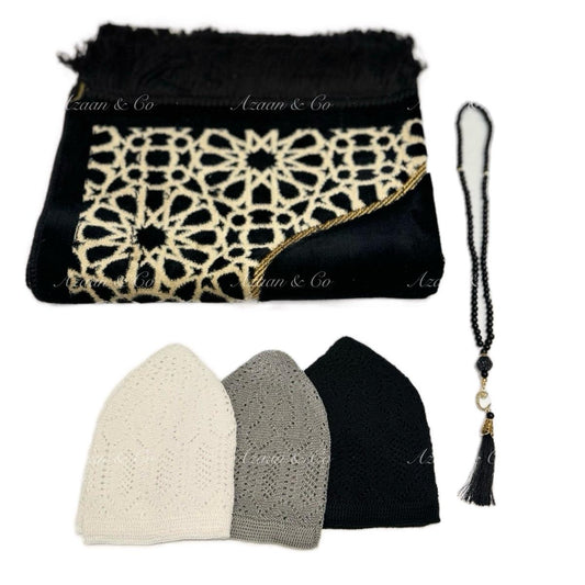 Soft Prayer Mat, 3x Skull Caps & Tabseeh Gift Set