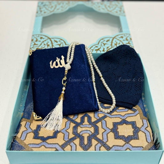 Surah Book, Prayer Mat, Tasbeeh & Skull Cap Set Box