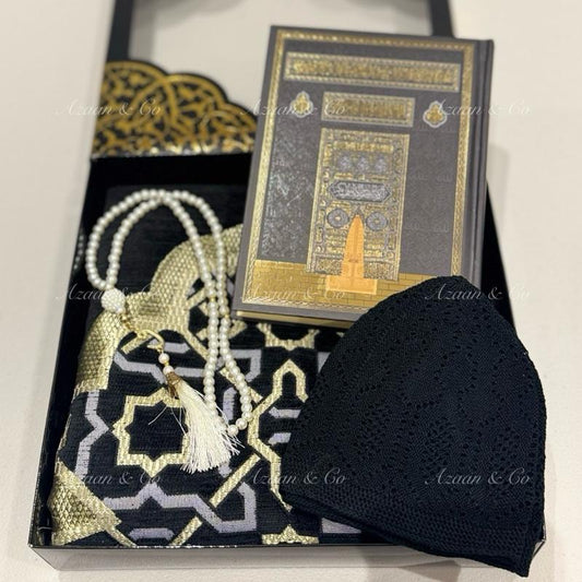Holy Quran, Prayer Mat, Tasbeeh & Cap or Hijab Gift Set