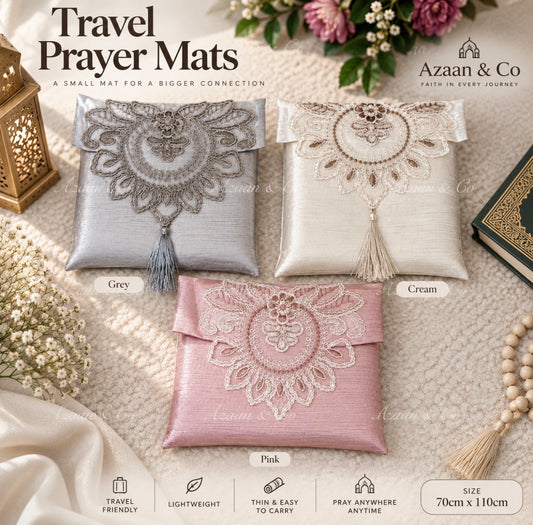 Lace Work Travel Prayer Mat Foldable Soft Islamic Musalla Rug with Tasbeeh Portable Lightweight Salah Mat Gift Set