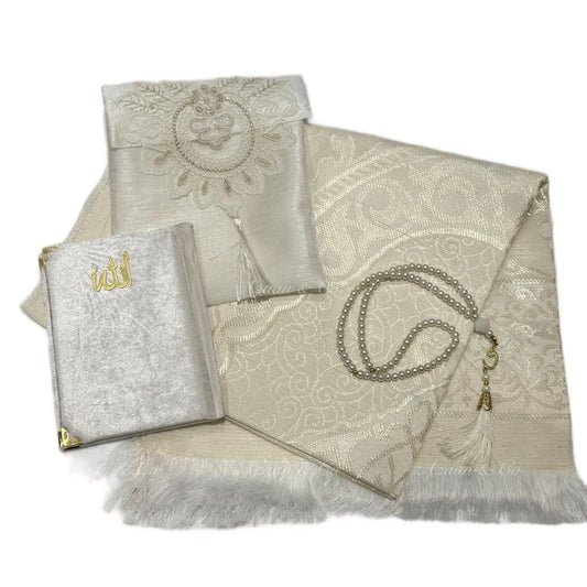 Cream White Lace Work Travel Prayer Mat, Surah Book & Tasbeeh Gift Set