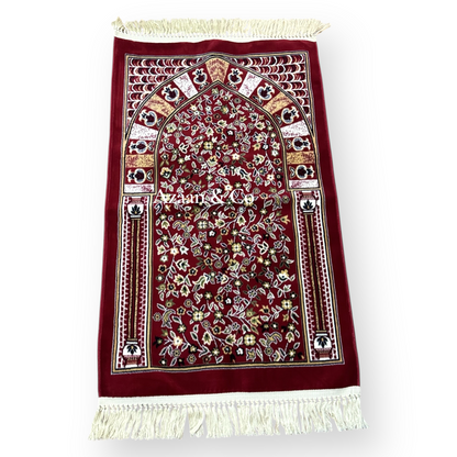 Rawdah Al Madina Prayer Mat – Red Floral & Cream Tassels (70x120cm)