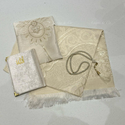 Cream White Lace Work Travel Prayer Mat, Surah Book & Tasbeeh Gift Set