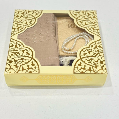 Purple Chenille Prayer Mat, Surah Book, Tasbeeh & Hijab Gift Set Box
