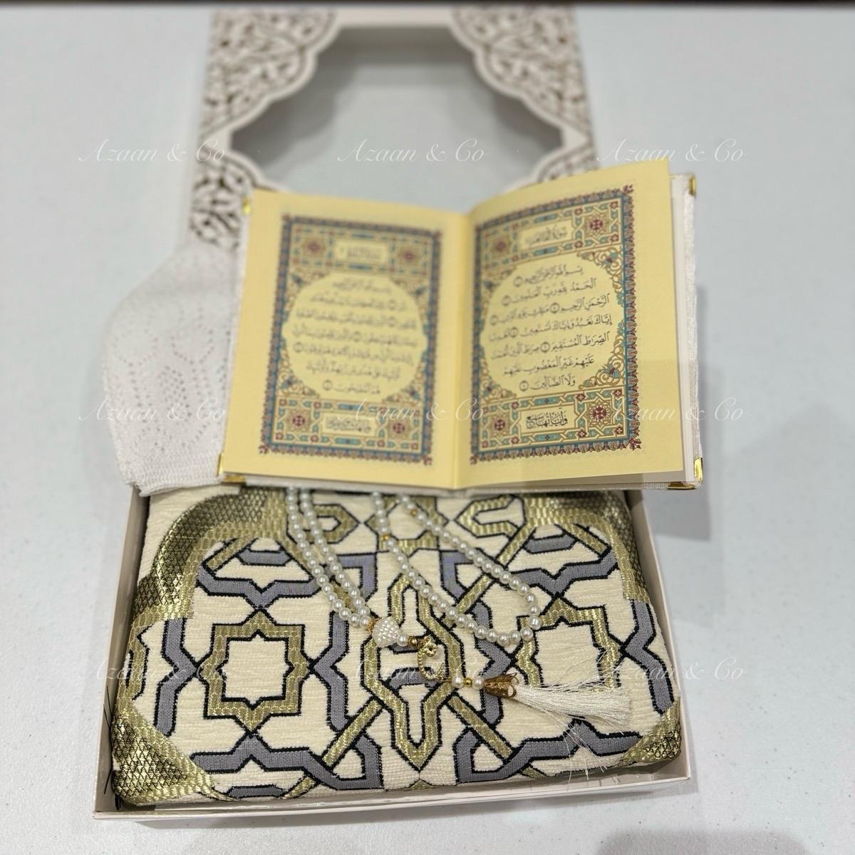 Cream Chenille Prayer Mat, Surah Book, Tasbeeh & Cap or Hijab Gift Set