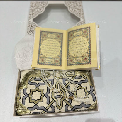 Cream Chenille Prayer Mat, Surah Book, Tasbeeh & Cap or Hijab Gift Set