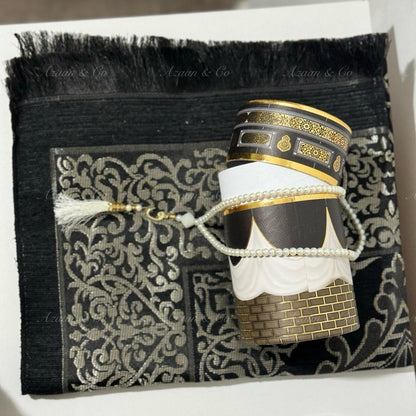 Black/Gold Kaaba Box Prayer Mat & Tasbeeh Gift Set