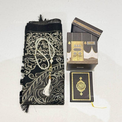 Holy Quran, Prayer Mat and Tasbeeh Kaaba box gift set