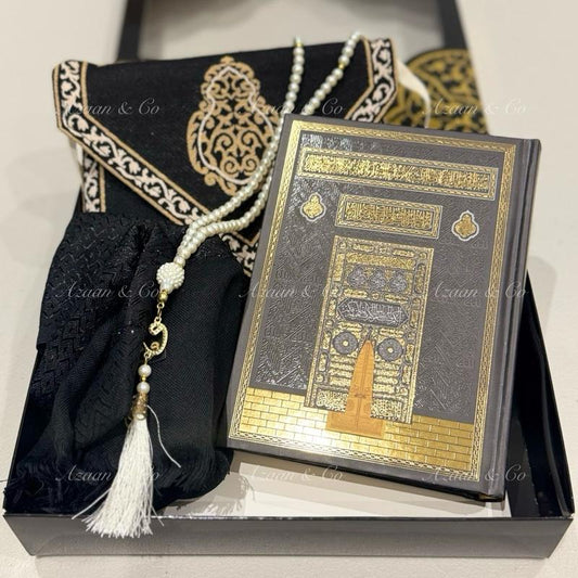 Holy Quran, Prayer Mat, Tasbeeh & Cap or Hijab Gift Set Box