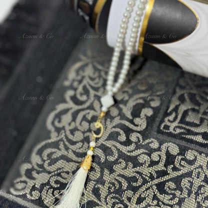 Black/Gold Kaaba Box Prayer Mat & Tasbeeh Gift Set