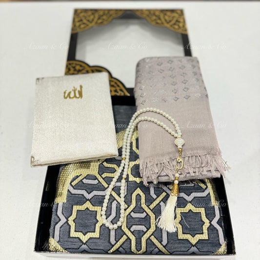 Grey Chenille Prayer Mat, Surah Book, Tasbeeh & Cap or Hijab Gift Set