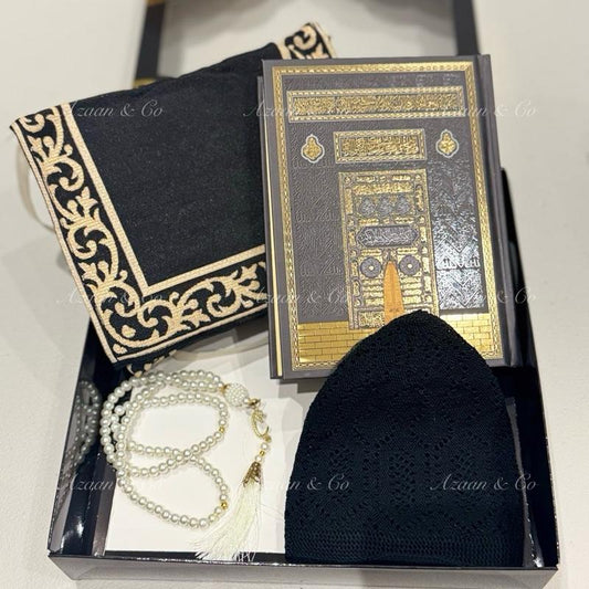 Holy Quran, Prayer Mat, Tasbeeh & Cap or Hijab Gift Set Box