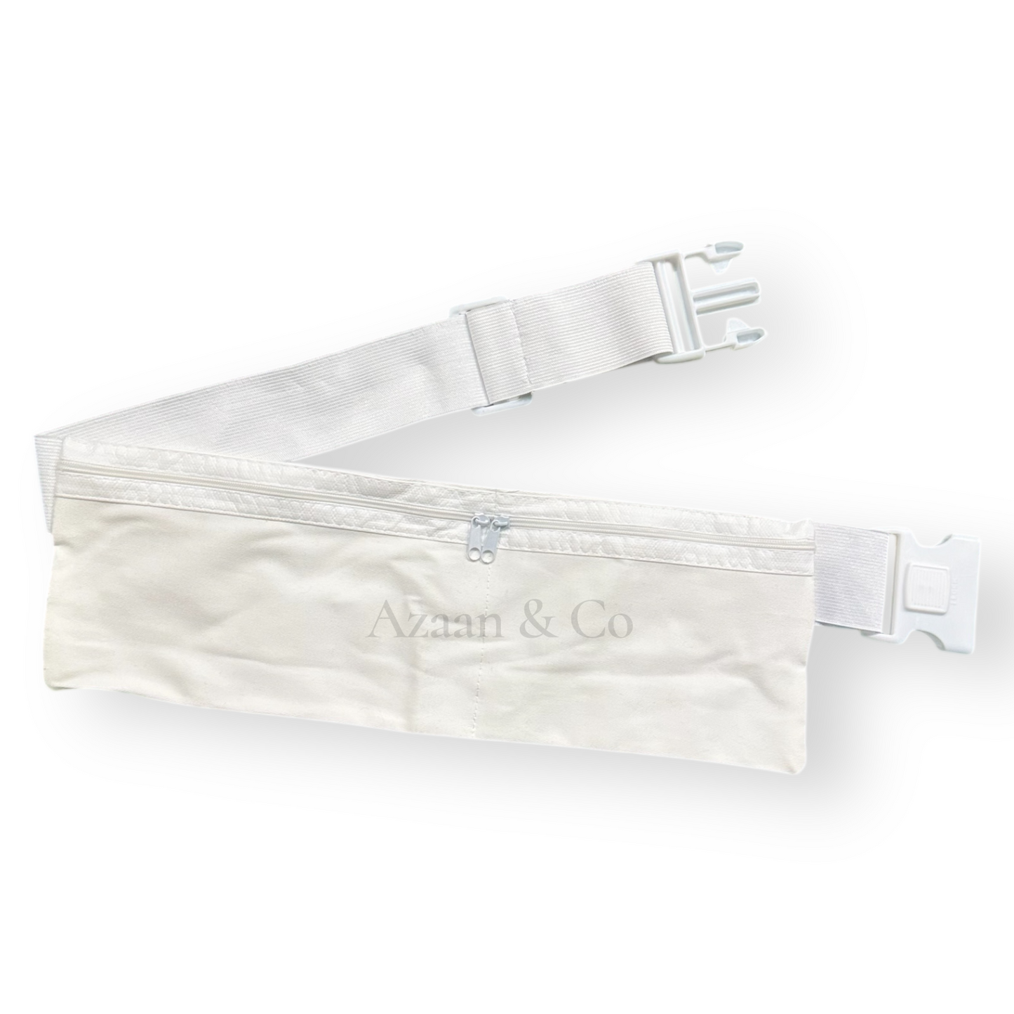 White Elastic Ihram Belt with Zip Pockets Adjustable One Size Hajj Umrah Waist Bag