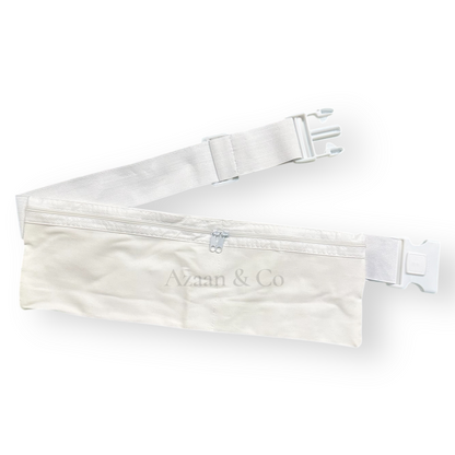 White Elastic Ihram Belt with Zip Pockets Adjustable One Size Hajj Umrah Waist Bag