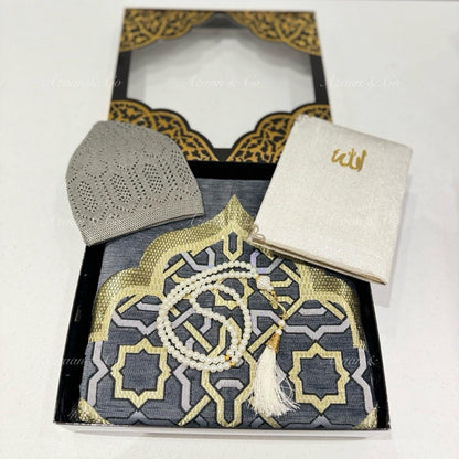 Grey Chenille Prayer Mat, Surah Book, Tasbeeh & Cap or Hijab Gift Set
