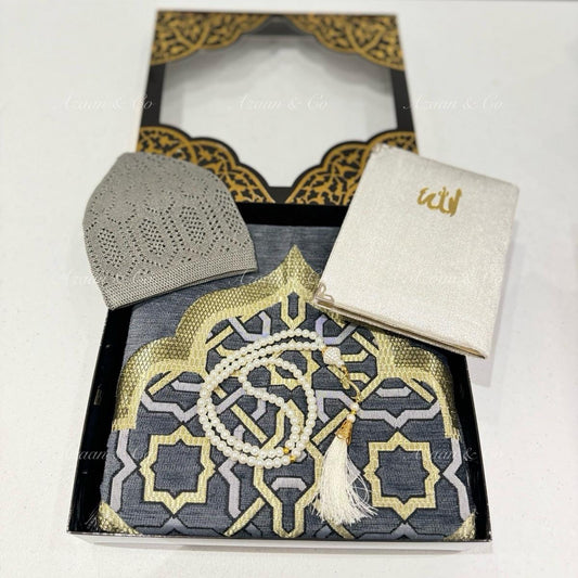 Grey Chenille Prayer Mat, Surah Book, Tasbeeh & Cap or Hijab Gift Set