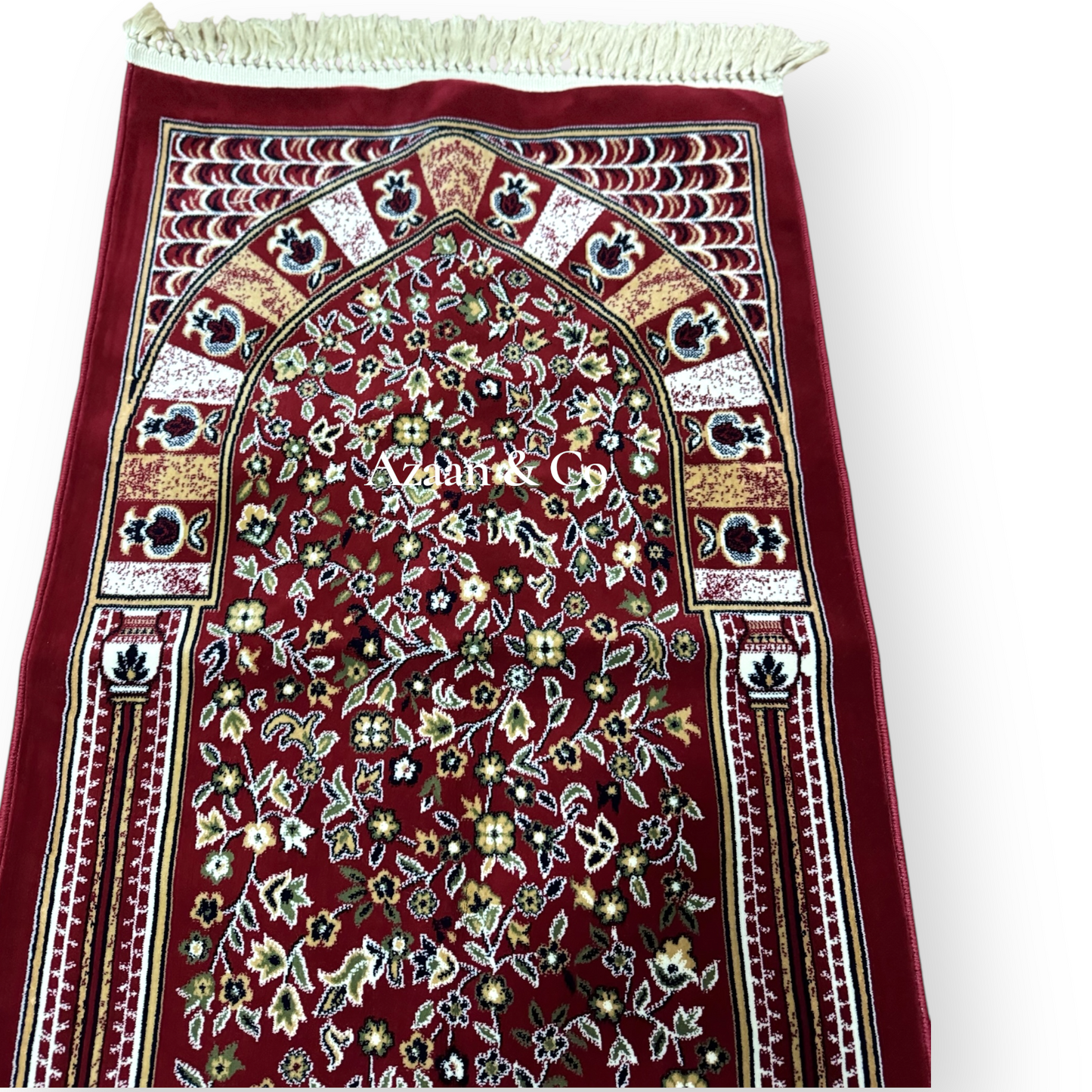 Rawdah Al Madina Prayer Mat – Red Floral & Cream Tassels (70x120cm)