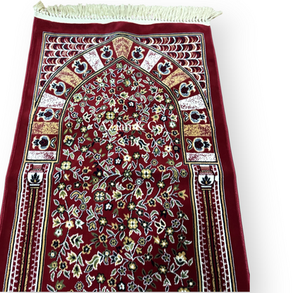 Rawdah Al Madina Prayer Mat – Red Floral & Cream Tassels (70x120cm)
