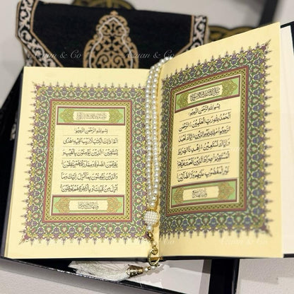 Holy Quran, Prayer Mat, Tasbeeh & Cap or Hijab Gift Set Box