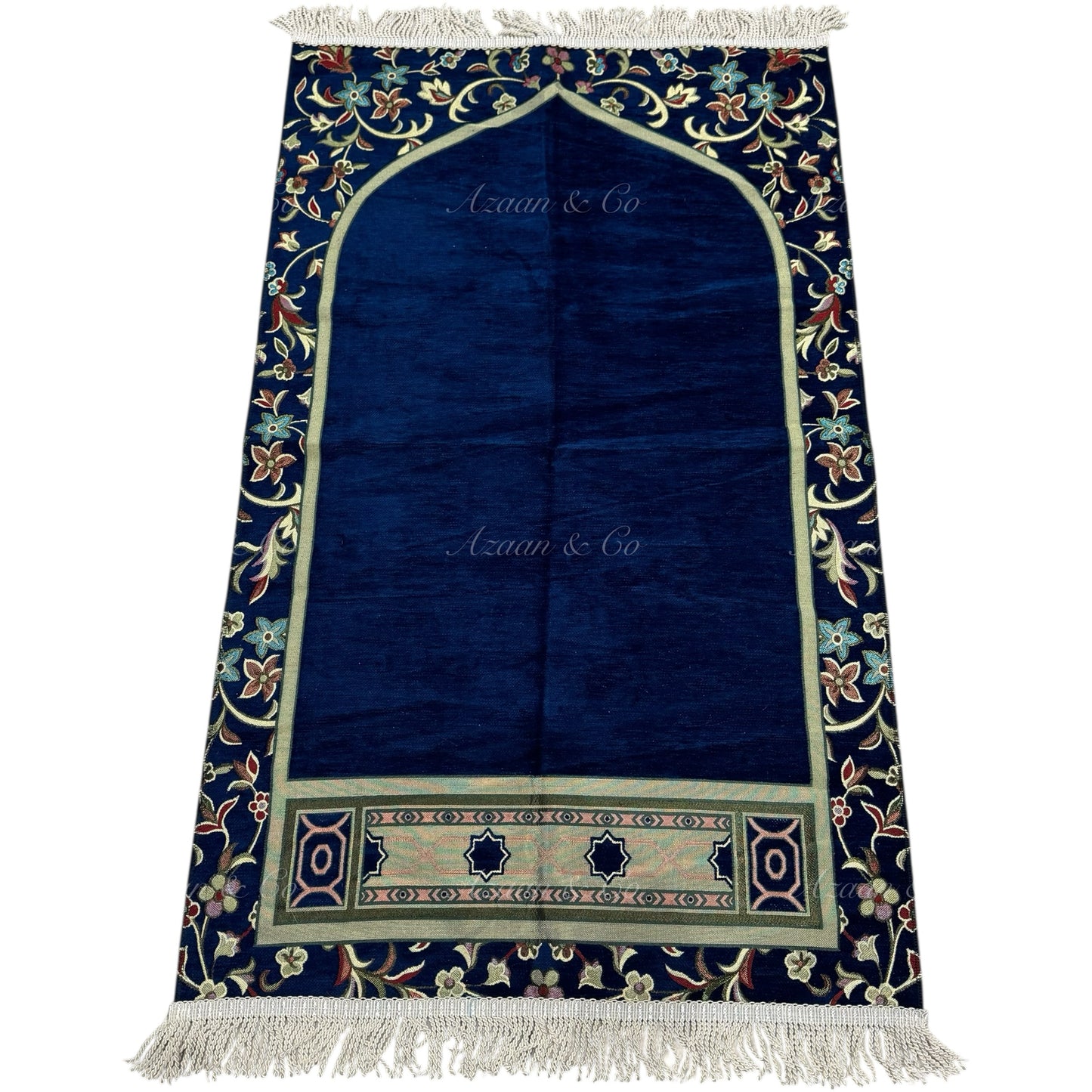 Premium Chenille Imam Al Haram Prayer Mat Blue Soft Velvet Islamic Musalla Padded Salah Travel Prayer Rug
