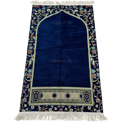 Premium Chenille Imam Al Haram Prayer Mat Blue Soft Velvet Islamic Musalla Padded Salah Travel Prayer Rug