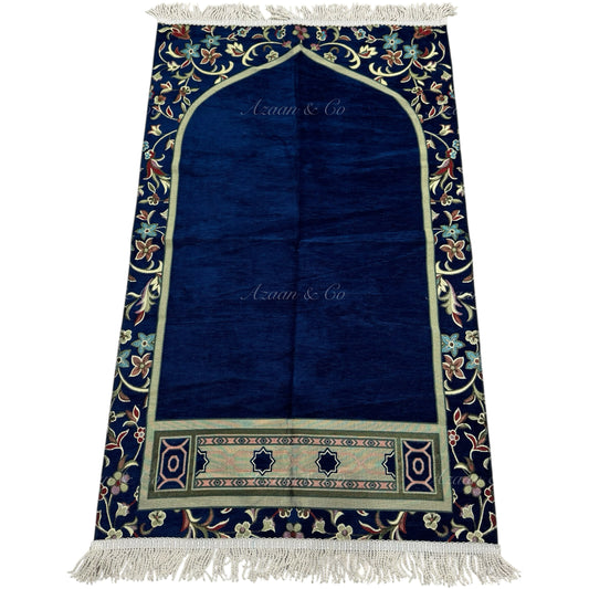 Premium Chenille Imam Al Haram Prayer Mat Blue Soft Velvet Islamic Musalla Padded Salah Travel Prayer Rug