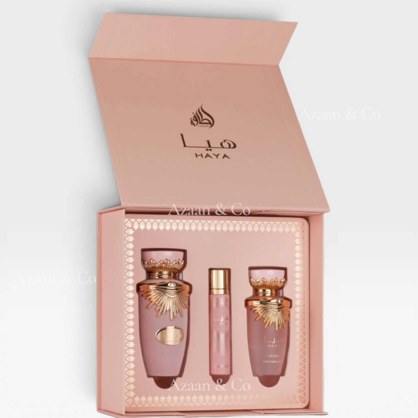 Lattafa Haya Lattafa 3pc Gift Set 100ml EDP Spray, 12ml Travel Perfume & 50m Hair Mist