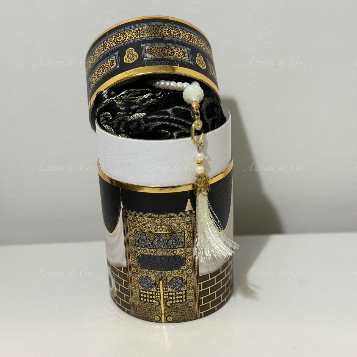 Black/Gold Kaaba Box Prayer Mat & Tasbeeh Gift Set