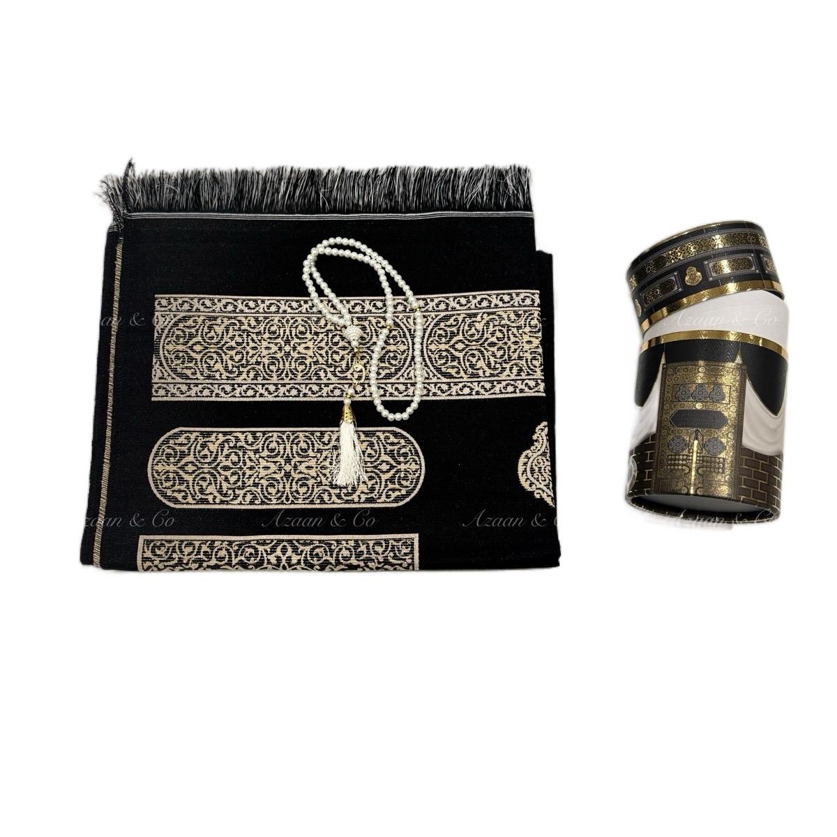 Kaaba Door Pattern Prayer Mat & Tasbeeh Kaaba Box Gift Set