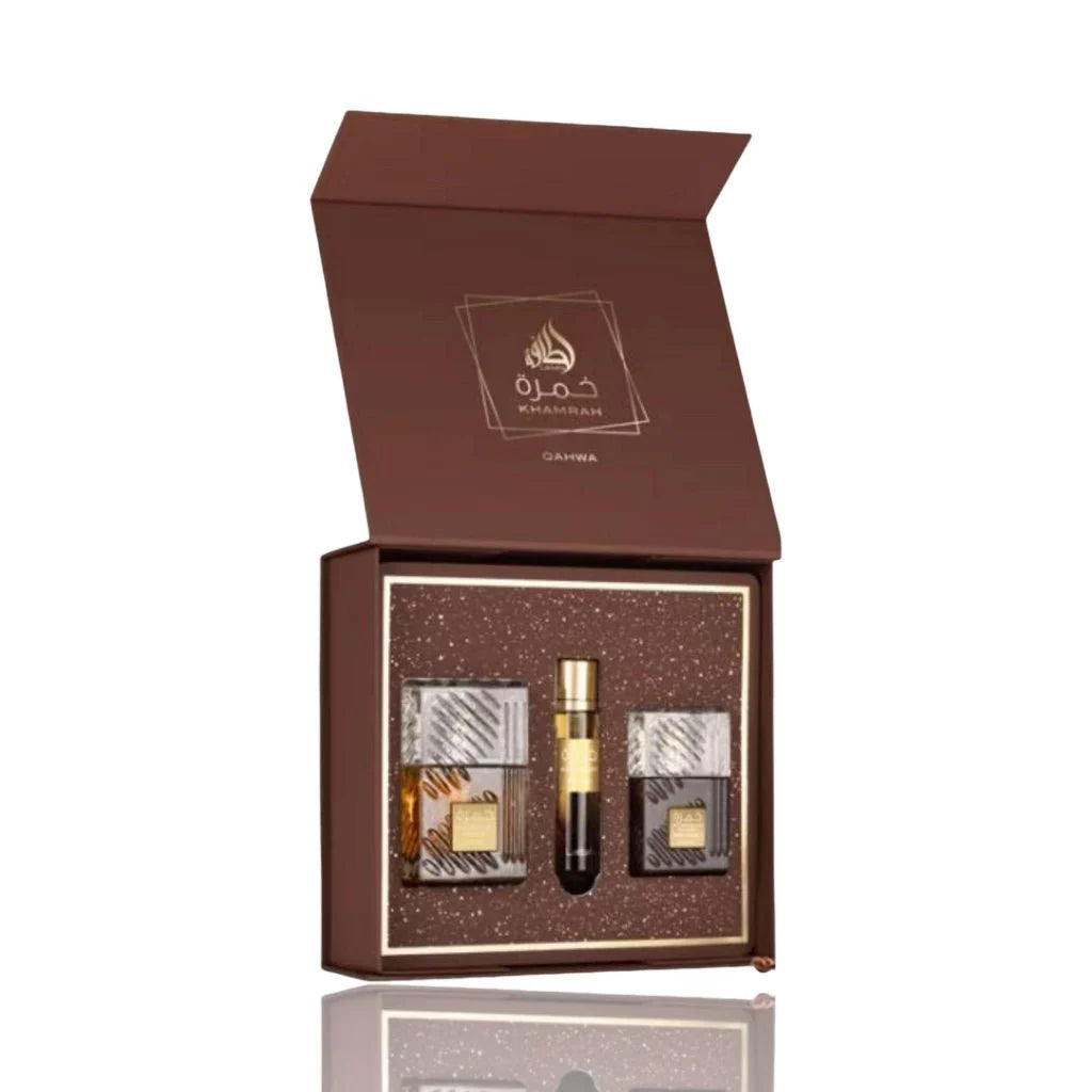 Khamrah Qahwa 3pc Gift Set 100ml EDP Spray, 12ml Travel Perfume & 50m Hair Mist