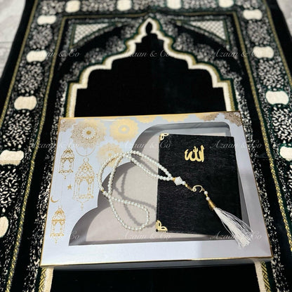 Soft Prayer Mat, Surah Book & Tasbeeh Gift Box 3 Piece Set