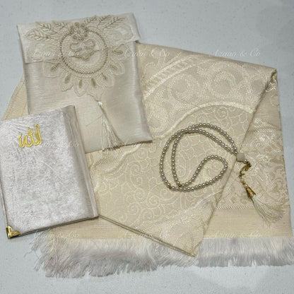 Cream White Lace Work Travel Prayer Mat, Surah Book & Tasbeeh Gift Set