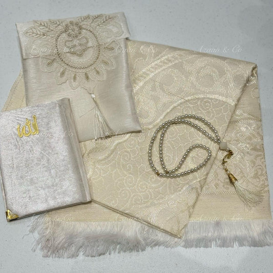 Cream White Lace Work Travel Prayer Mat, Surah Book & Tasbeeh Gift Set