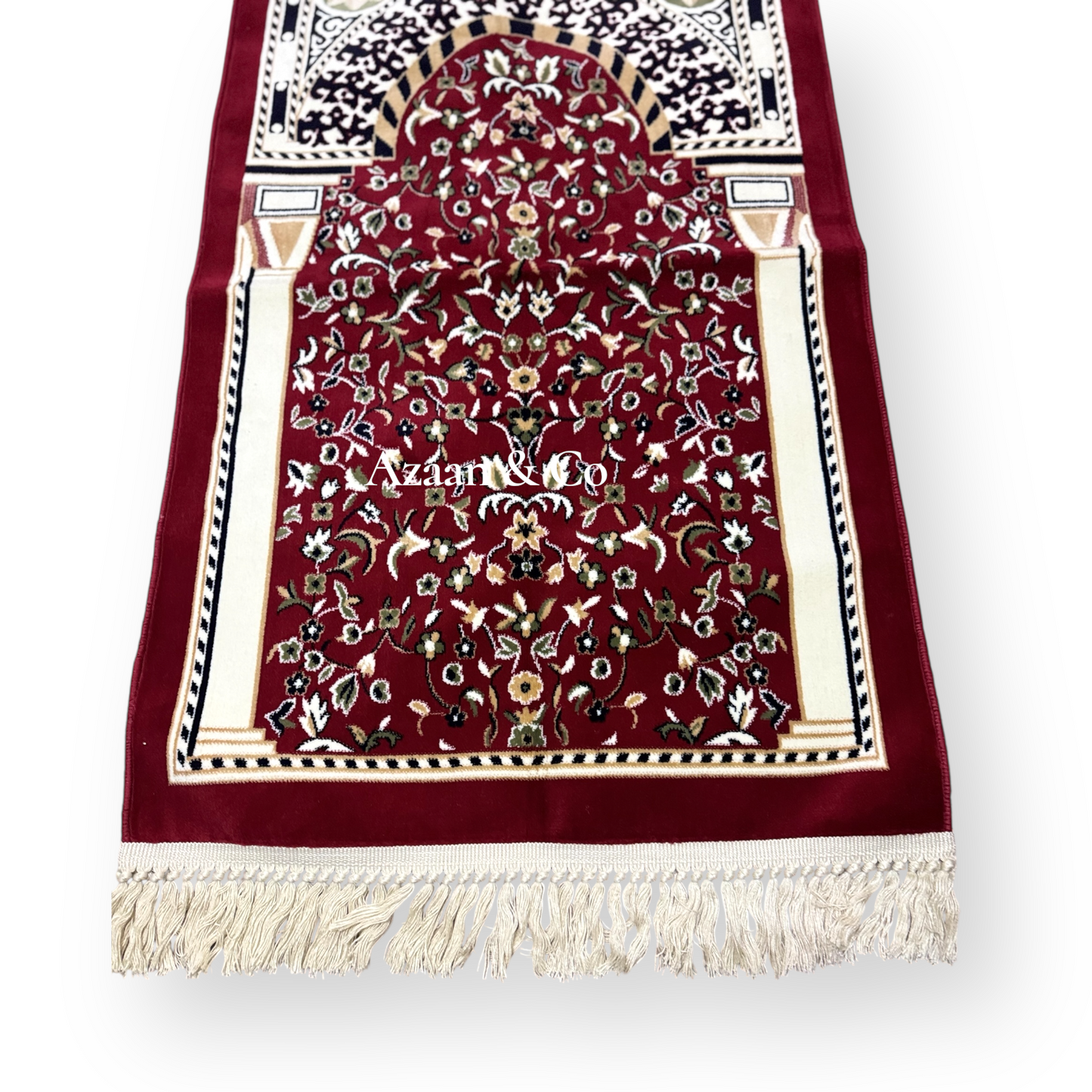 Rawdah Al Madina Prayer Mat – Red Floral & Cream Tassels (70x120cm)