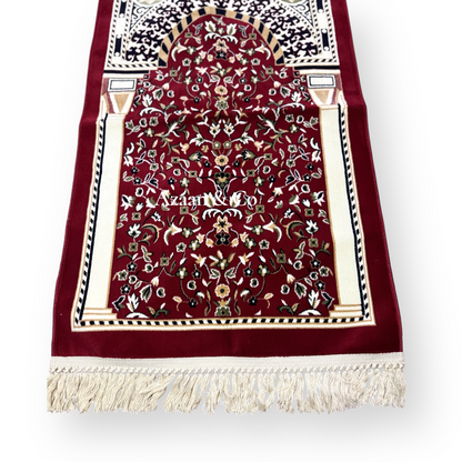Rawdah Al Madina Prayer Mat – Red Floral & Cream Tassels (70x120cm)