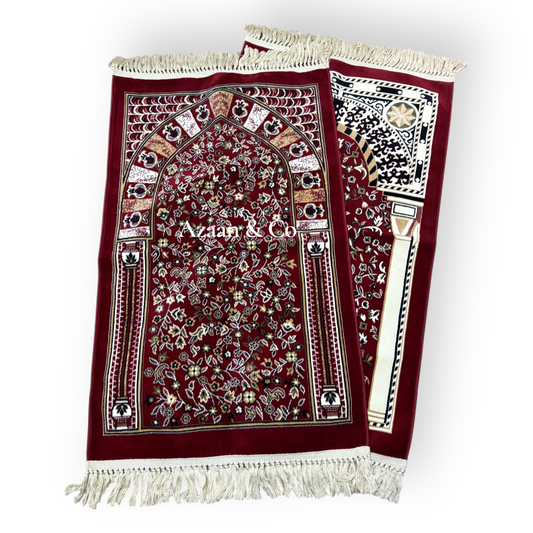 Rawdah Al Madina Prayer Mat – Red Floral & Cream Tassels (70x120cm)