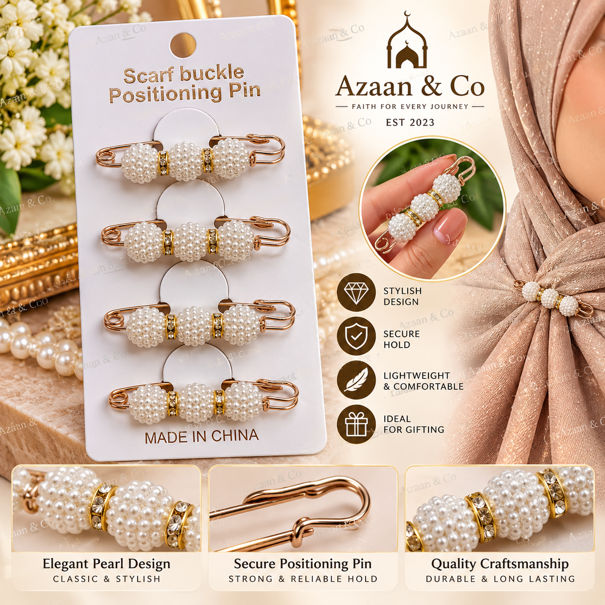 4PCS Elegant White Pearl Hijab Scarf Safety Pins with Gold Rhinestone Spacers – Decorative Muslim Scarf Fasteners