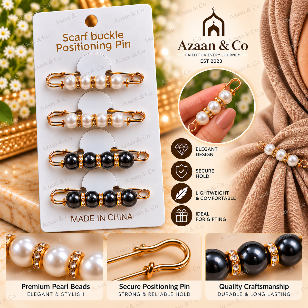 4Pcs Elegant Scarf Buckle Positioning Pins – Pearl & Black Beaded Hijab Safety Pins, Gold Tone Secure Scarf Clips, Lightweight Fashion Accessories for Women