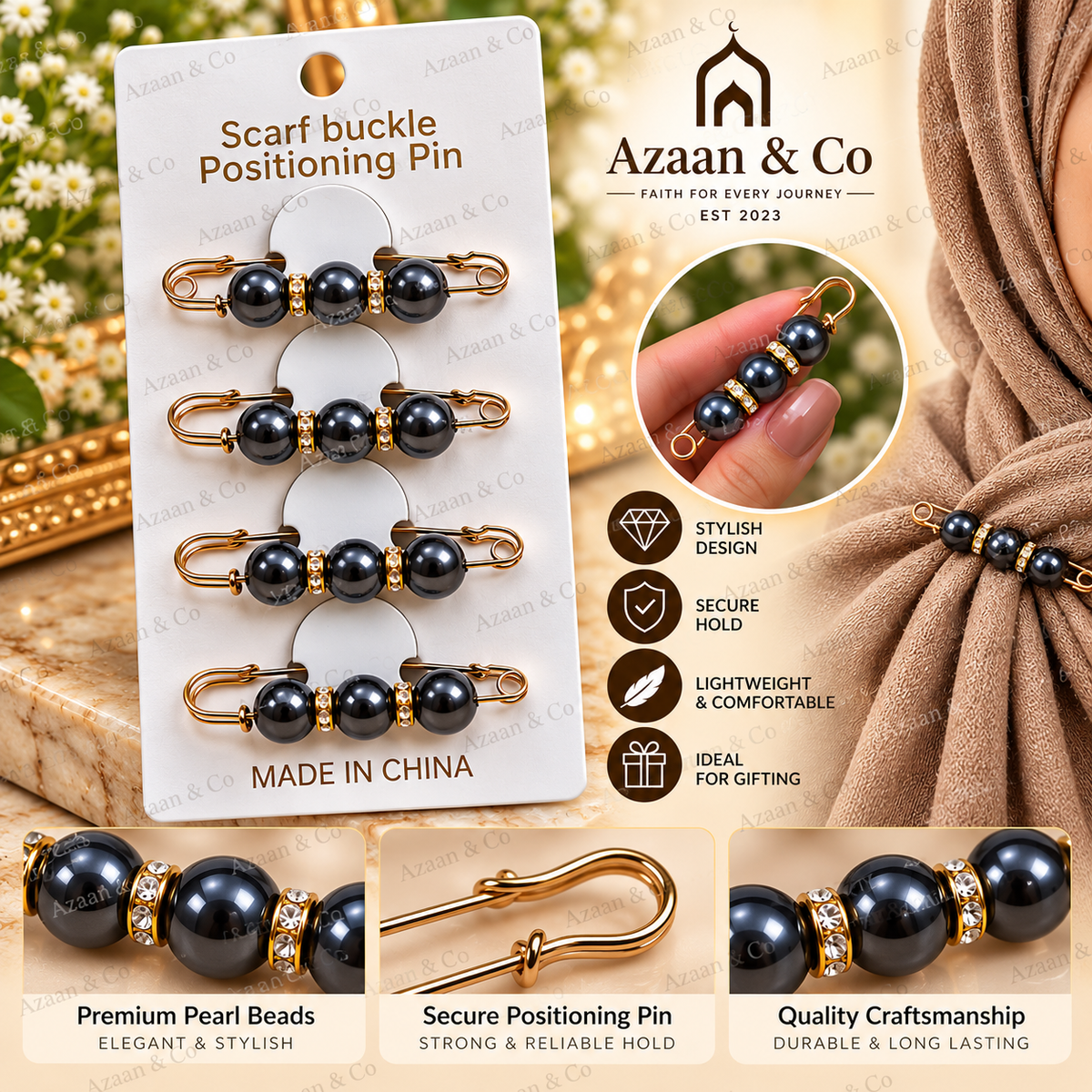 4PCS Luxury Dark Grey Pearl Hijab Scarf Pins with Gold Rhinestone Detail – Secure Decorative Scarf Fasteners