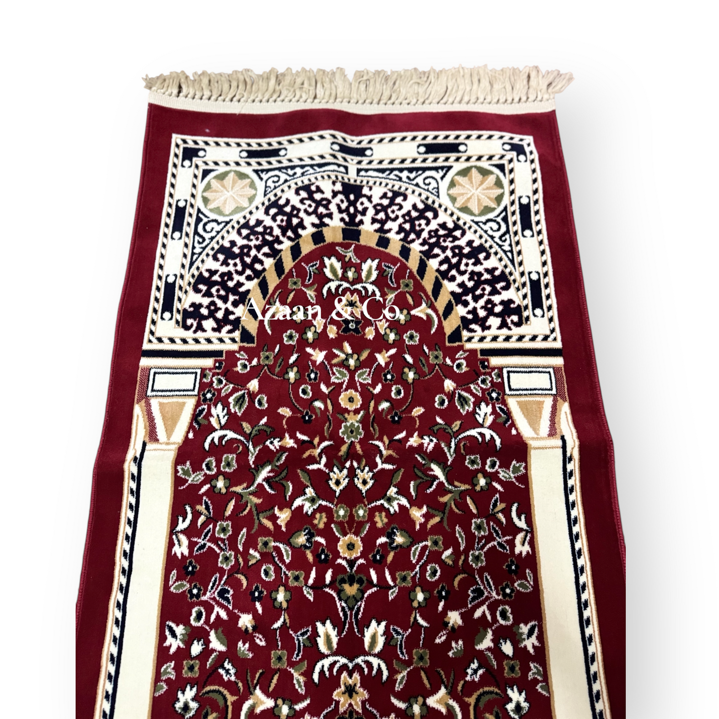 Rawdah Al Madina Prayer Mat – Red Floral & Cream Tassels (70x120cm)