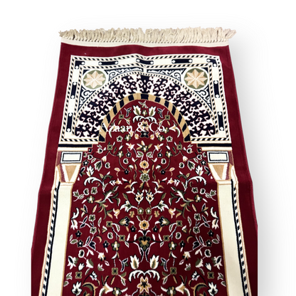 Rawdah Al Madina Prayer Mat – Red Floral & Cream Tassels (70x120cm)