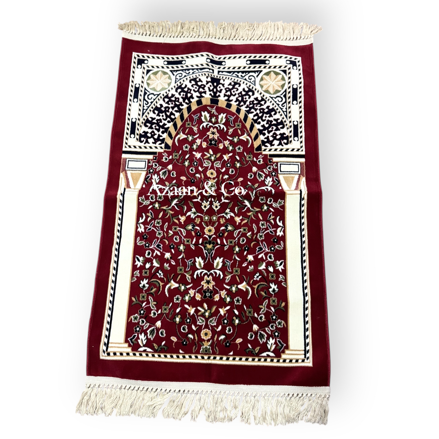 Rawdah Al Madina Prayer Mat – Red Floral & Cream Tassels (70x120cm)