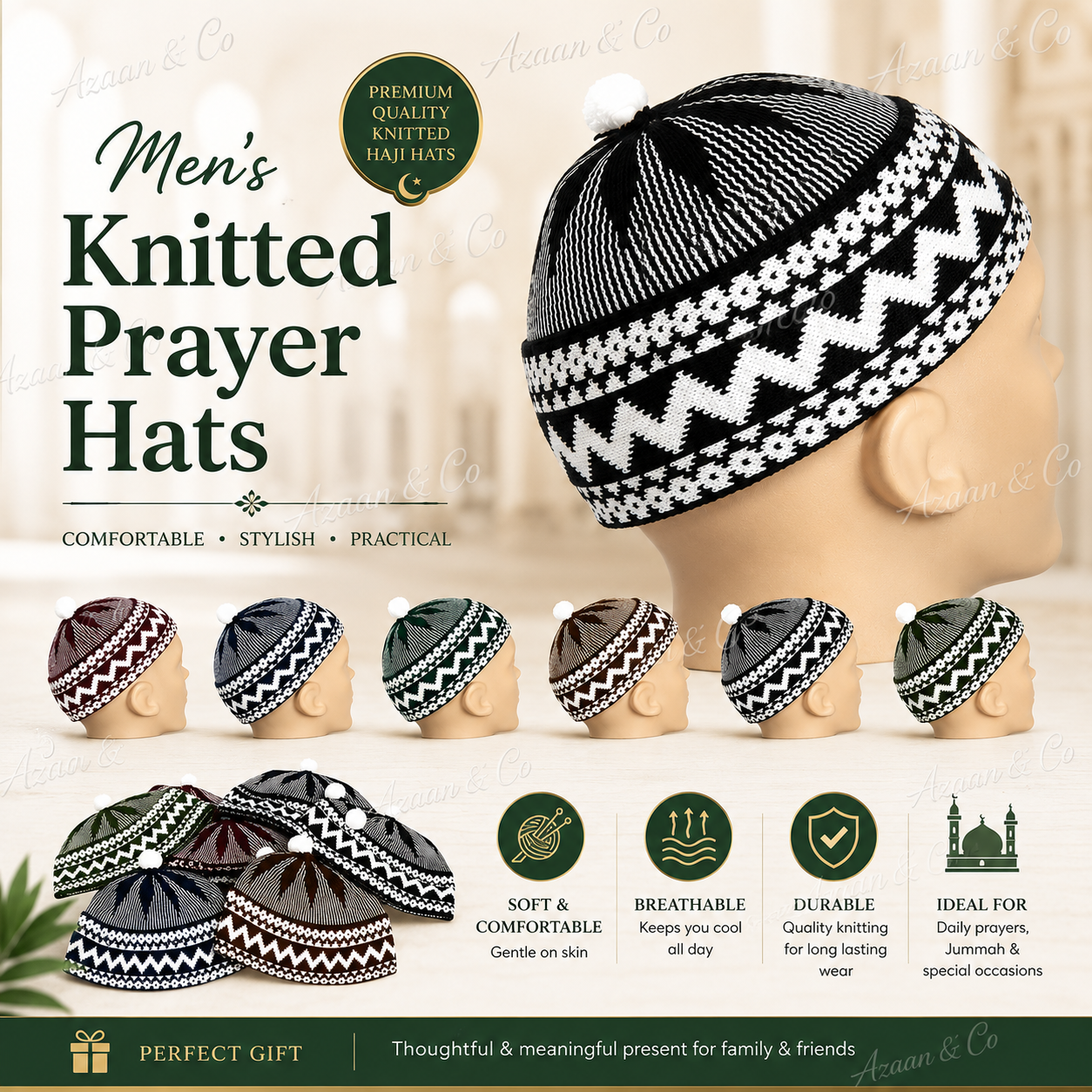 Men's Knitted Muslim Prayer Hat Haji Soft Stretch Islamic Kufi Skull Cap, Assorted Colours