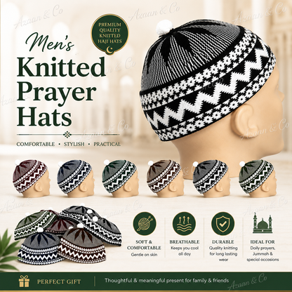 Men's Knitted Muslim Prayer Hat Haji Soft Stretch Islamic Kufi Skull Cap, Assorted Colours