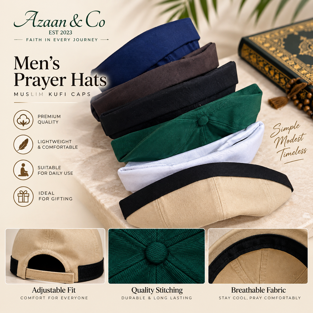 Men’s Islamic Prayer Hat – Adjustable Velcro Kufi Cap, Lightweight Muslim Salah Namaz Topi for Hajj & Umrah