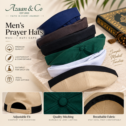 Men’s Islamic Prayer Hat – Adjustable Velcro Kufi Cap, Lightweight Muslim Salah Namaz Topi for Hajj & Umrah