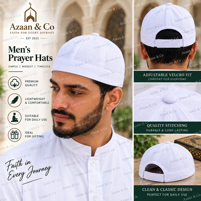 Men’s Islamic Prayer Hat – Adjustable Velcro Kufi Cap, Lightweight Muslim Salah Namaz Topi for Hajj & Umrah